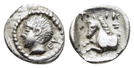 THESSALY. Trikka. Hemiobol (circa 440-400 BC). Hemiobol, struck under the magistrate Euph.... EY 

Obv: Youthful male head to left. 
Rev: ΤΡ - ΙΚ-K Fo...