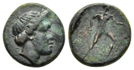 THESSALY. Trikka. Ae (400-300 BC).

Obv: Head of the nymph Trikke to right.
Rev: Warrior, nude but for crested helmet, advancing to right, holding spe...