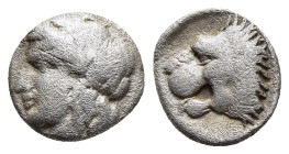 THESSALY. Pherai. Obol (circa 4th century BC).

Obv: Head of Ennodia left.
Rev: Head of lion to left, with open mouth and protruding tongue; all wi...
