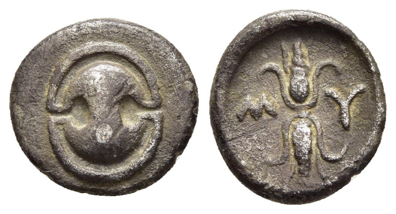 BOEOTIA. Mykalessos. Obol (circa 400-375 BC). 

Obv: Boeotian shield. 
Rev: M - ...