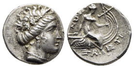 EUBOIA. Histiaia. Tetrobol (3rd-2nd centuries BC).

Obv: Wreathed head of the Nymph Histiaia right.
Rev: IΣTIAIEΩN.
Nymph seated right on stern of gal...