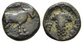 EUBOIA. Euboian League. Ae (3rd century BC).

Obv: Cow standing right; above, club.
Rev: ΕΥΒΟ.
Grape bunch on vine with two leafs flanking.

BCD Euboi...