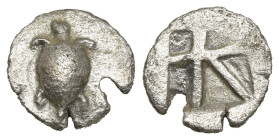 ISLANDS off ATTICA. Aegina. Obol (circa 480-457 BC). 

Obv: Sea turtle with a T-shaped design of a line of four pellets down the back of its shell. 
R...