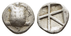 ISLANDS off ATTICA. Aegina. Obol (circa 350-338 BC).

Obv: Land tortoise with segmented shell; A to right.
Rev: Large square incuse with skew pattern....