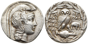 ATTICA. Athens. Tetradrachm (circa 165-42 BC). Antiochos, Karaichos, and Abron, magistrates (131/0). 

Obv: Head of Athena Parthenos to right, wearing...
