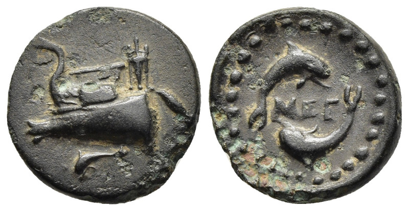 MEGARIS. Megara. Ae (circa 350-275 BC). 

Obv: Prow, upon which tripod sits, lef...