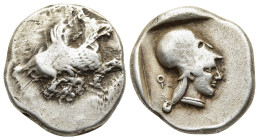 CORINTHIA. Corinth. Stater (Circa 480-400 BC).

Obv: Pegasos flying right.
Rev: Helmeted head of Athena left; Ϙ to left; all within incuse square.

Pe...