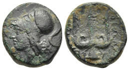 CORINTHIA. Corinth. Ae (circa 375-368 BC). 

Obv: Helmeted head of Athena left. 
Rev: ΚΟΡΙΝ/ΘΙΩΝ 
Trident head; retrograde E to left. 

BCD Corinth 21...