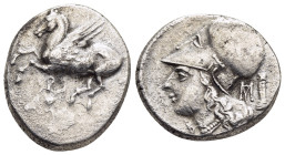 CORINTHIA. Corinth. Stater (Circa 345-307 BC).

Obv: Pegasos flying left; koppa below.
Rev: Helmeted head of Athena left; below chin, B; to right, mon...