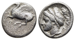 CORINTHIA. Corinth. Drachm (circa 345-307 BC). 

Obv: Ϙ Pegasos flying left. 
Rev: Head of Aphrodite to left, her hair tied in a knot at the back, and...