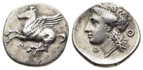 CORINTHIA. Corinth. Drachm (circa 345-307 BC). 

Obv: Pegasos flying left; below, Ϙ.
Rev: Head of Aphrodite left; Δ below chin, Θ to right. 

BCD Cori...