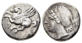 CORINTHIA. Corinth. Drachm (circa 345-307 BC). 

Obv: Ϙ Pegasos flying left. 
Rev: Head of Aphrodite to left, wearing sakkos; to right, monogram.

BCD...