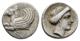 CORINTHIA. Corinth. Hemidrachm (circa 345-307 BC). 

Obv: Ϙ Forepart of Pegasos with curled wing to left.
Rev: Head of Aphrodite to right; H to left, ...