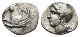 CORINTHIA. Corinth. Hemidrachm (circa 345-307 BC). 

Obv: Forepart of pegasos flying to left; Ϙ below.
Rev: Head of Aphrodite to right; lily below chi...