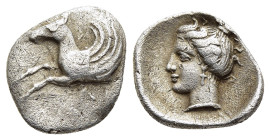 CORINTHIA. Corinth. Diobol (circa 345-307 BC). 

Obv: Ϙ Forepart of Pegasos to left.
Rev: Head of Aphrodite to left, with her hair bound at top.

With...