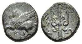 CORINTHIA. Corinth. Ae (Circa 303-287 BC).

Obv: Pegasos flying right.
Rev: Δ - Ω ornamented trident; to left, aphlaston.

HGC 4, 1913.

Condition: Ve...