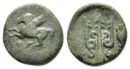 CORINTHIA. Corinth. Ae (Circa 303-287 BC).

Obv: Pegasos flying left; Ϙ below.
Rev: Ornamented trident; to right, amphora.

BCD Corinth 276.

Conditio...