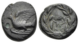 SIKYONIA. Sikyon. Ae (circa 330-310/5 BC). ME, magistrate. 

Obv: Dove flying left.
Rev: Olive wreath containing smaller wreath an ME.

HGC 5, 257 var...