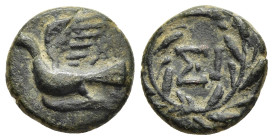 SIKYONIA. Sikyon. Ae (circa 250-200 BC). 

Obv: Dove flying left.
Rev: Large ΣI within olive wreath.

HGC 5, 270.

Condition: Very fine.

Weight: 2,11...