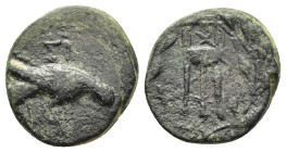 SIKYONIA. Sikyon. Ae (circa 225-200 BC). 

Obv: ΣI Dove feeding right.
Rev: Tripod within olive wreath with ties below.

HGC 5, 263.

Condition: Very ...