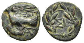 SIKYONIA. Sikyon. Ae (circa 196-149 BC). ΑΠ, magistrate. 

Obv: Dove flying left, ΑΠ and monogram flanking tail.
Rev: ΣI within olive wreath.

HGC 5, ...