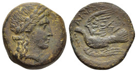 SIKYONIA. Sikyon. Ae (circa 100-60 BC). Aineas, magistrate. 

Obv: Laureate head of Apollo right.
Rev: Dove flying left, holding fillet in beak; AINEA...
