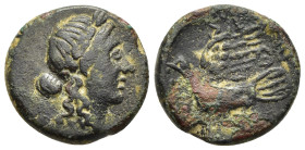SIKYONIA. Sikyon. Ae (circa 100-60 BC). ΘΕ, magistrate. 

Obv: Laureate head of Apollo right.
Rev: Dove flying left, holding fillet in beak; ΣI above,...