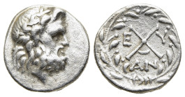 ACHAIA. Achaian League. Antigoneia (Mantineia). Tetrobol (circa 188-180 BC). 

Obv: Laureate head of Zeus to right. 
Rev: Achaean League monogram; to ...