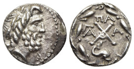 ACHAIA. Achaian League. Patrai. Hemidrachm (circa 86 BC). 

Obv: Laureate head of Zeus Hamarios right.
Rev: Large Achaian League monogram; ΠA above, m...