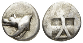 ARGOLIS. Argos. Triobol (circa 480-460 BC). 

Obv: Forepart of wolf at bay left.
Rev: Large A within incuse square containing in the upper part, two s...