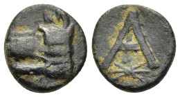 ARGOLIS. Argos. Ae (circa 400-375 BC). 

Obv: Wolf's head left.
Rev: Large A; thunderbolt below. 

BCD Peloponnesos 1052 var. (symbol); HGC 5, 707.

C...