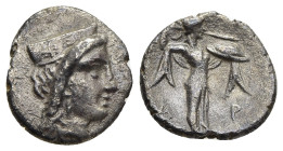 ARGOLIS. Argos. Diobol (circa 270-260/50 BC).

Obv: Head of Hera right, wearing stephane.
Rev: A-P.
The Palladion to right (a helmeted and draped stat...