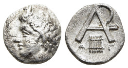ARKADIA. Arkadian League. Megalopolis. Obol (circa 330-275 BC) 

Obv: Horned head of Pan to left. 
Rev: Monogram of APK; below, syrinx between A-Γ. 

...