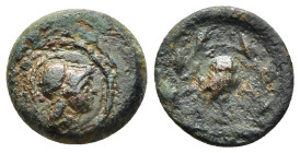 LAKONIA. Lakedaimon (Sparta). Ae (circa 48-35 BC). 

Obv: Helmeted head of Athena right.
Rev: Owl standing right, head facing; Λ-A across field; all w...
