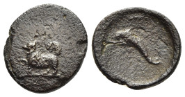 CYCLADES. Kythnos. Ae (4th-3rd centuries BC).

Obv: Kokoni standing left.
Rev: Dolphin.

HN Italy 2682 (Uncertain Issue, Italy?); SNG Copenhagen 54 (E...
