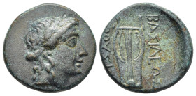 KINGS of BITHYNIA. Prusias I (238-183 BC). Ae. Nikomedia.

Obv: Laureate head of Apollo right.
Rev: ΒΑΣΙΛΕΩΣ ΠΡΟΥΣΙΟΥ.
Kithara.

RG 18; SNG von Aulock...