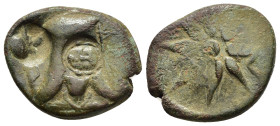 PONTOS. Amisos. Ae (circa 130-100 BC). 

Obv: Bashlyk left, facing Pan bust below; bow to right; monogram to right; c/m's: helmet and facing medusa he...