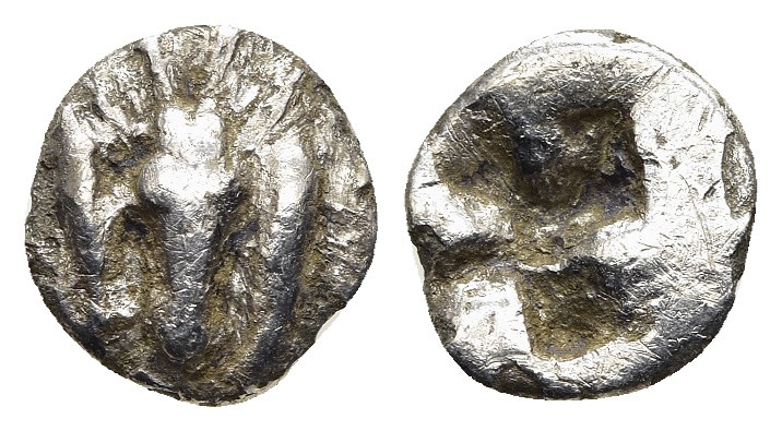 MYSIA. Kyzikos. Hemiobol (circa 550-500 BC).

Obv: Stag's head facing between tw...