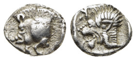 MYSIA. Kyzikos. Obol (circa 450-400 BC).

Obv: Forepart of boar left; tunny to right.
Rev: Head of roaring lion left; retrograde K in upper left field...