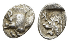 MYSIA. Kyzikos. Hemiobol (circa 450-400 BC). 

Obv: Forepart of boar to left; tunny upward to right.
Rev: Head of roaring lion to left; K (retrograde)...