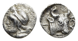 MYSIA. Kyzikos. Hemiobol (circa 410-400 BC).

Obv: Head of Attis left, wearing Phrygian cap.
Rev: KYZI.
Head of bull facing slightly right.

Klein 268...