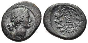 MYSIA. Kyzikos. Ae (2nd-1st century BC).

Obv: Wreathed head of Kore Soteira right.
Rev: KY / ZI.
Ethnic and monogram within oak-wreath.

SNG BN 472ff...