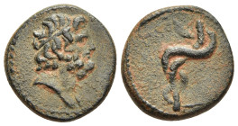 MYSIA. Pergamon. Ae (2nd-1st centuries BC).

Obv: Head of Asklepios right.
Rev: Serpent-entwined staff.

SNG Copenhagen 401.

Condition: Good very fin...