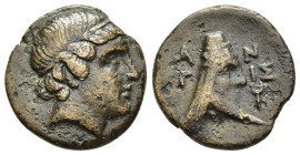 LESBOS. Antissa. AE (3rd century BC).

Obv: Head of Apollo right, wearing TAEnia.
Rev: A - N/ T - IΣ
Head of Dionysos Phallen right, wearing tall head...