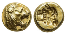 LESBOS. Mytilene. EL Hekte - 1/6 Stater (Circa 521-478 BC).

Obv: Head of roaring lion right.
Rev: Incuse head of calf right; rectangular punch to lef...