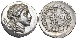 AEOLIS. Myrina. Tetradrachm (Circa 155-145 BC). Stephanophoric type.

Obv: Laureate head of Apollo right.
Rev: MYPINAIΩN.
Apollo Grynios standing righ...