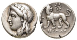IONIA. Miletos. Drachm (Circa 350-325 BC). Bremos magistrate.

Obv: Laureate head of Apollo left.
Rev. Lion standing left, looking back at star wit...
