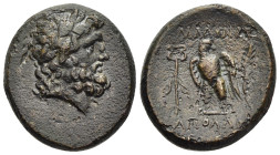 LYDIA. Blaundus. AE (2nd-1st centuries BC). Apollonios, son of Theogenes, magistrate.

Obv: Laureate head of Zeus right.
Rev: MΛAYNΔEΩN / AΠOΛΛΩNI ΘEO...