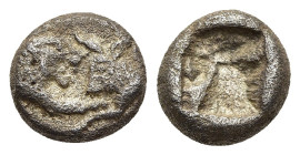 KINGS of LYDIA. Kroisos (circa 564/53-550/39 BC). 1/12 Stater. Sardes.

Obv: Confronted foreparts of lion and bull.
Rev: Incuse square.

SNG Kayhan 10...