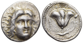 ISLANDS off CARIA. Rhodes. Tetradrachm (circa 229-205 BC). Eukrates, magistrate. 

Obv: Radiate head of Helios facing slightly right.
Rev: Rose with b...